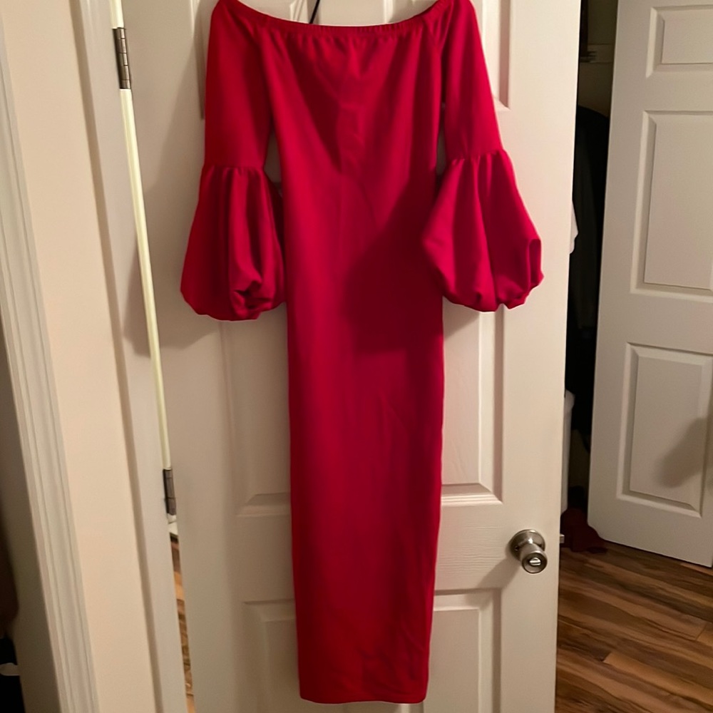 Shein Red floor length puff sleeve dress